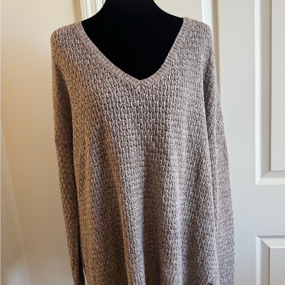 American Eagle Outfitters Beige Open-Knit V-Neck Pullover Sweater Logo L
